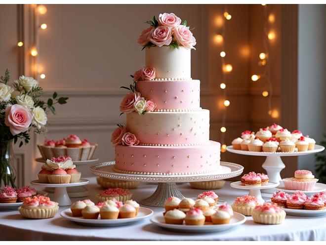 Elaborate dessert table with bespoke cakes, mini tarts, and macarons for a special event.