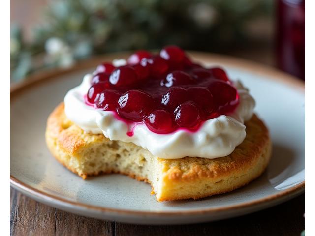 Freshly baked scone with jam and cream
