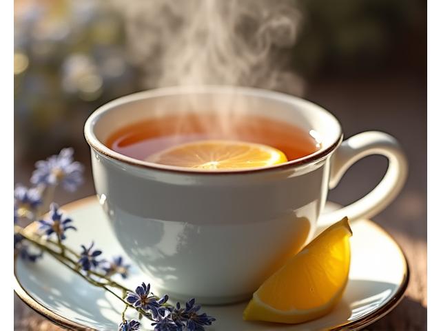 A steaming cup of Earl Grey tea with a slice of lemon